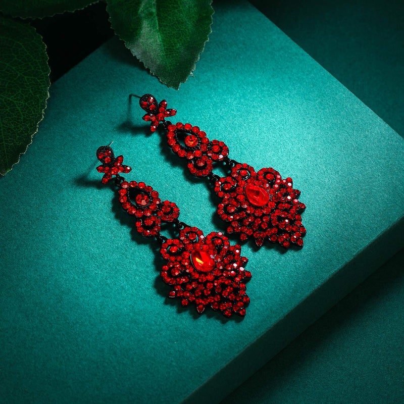 Flyonce Bridal Crystal Vintage Style Art Deco Chandelier Dangle Earrings for Women Red, Wedding Jewelry - Image 4